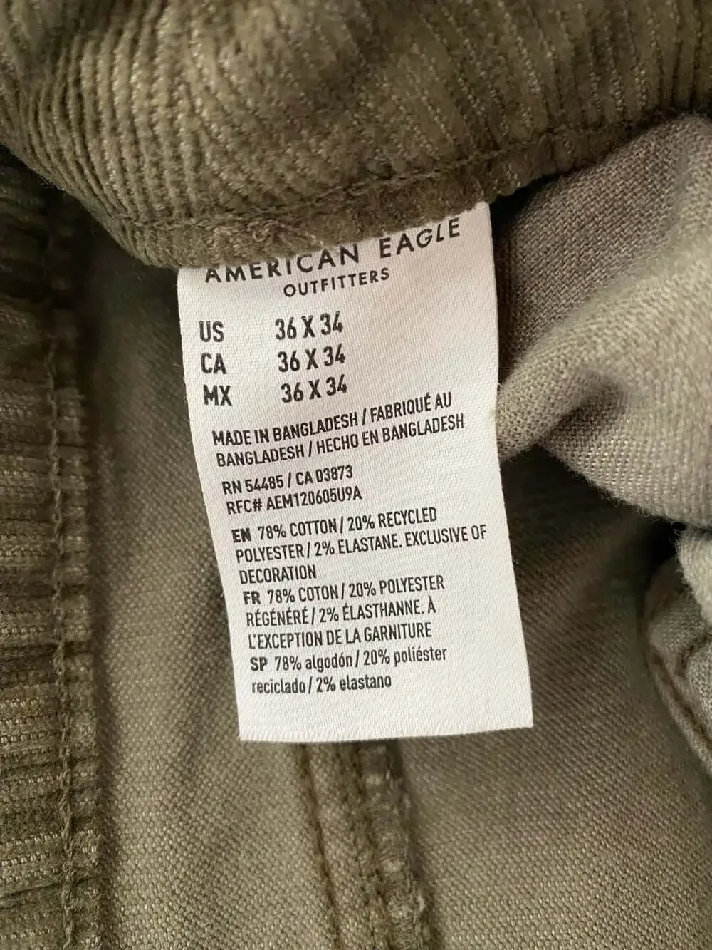 American Eagle Flex Real Good Olive Green Corduroy Pants Men's Size 36x34